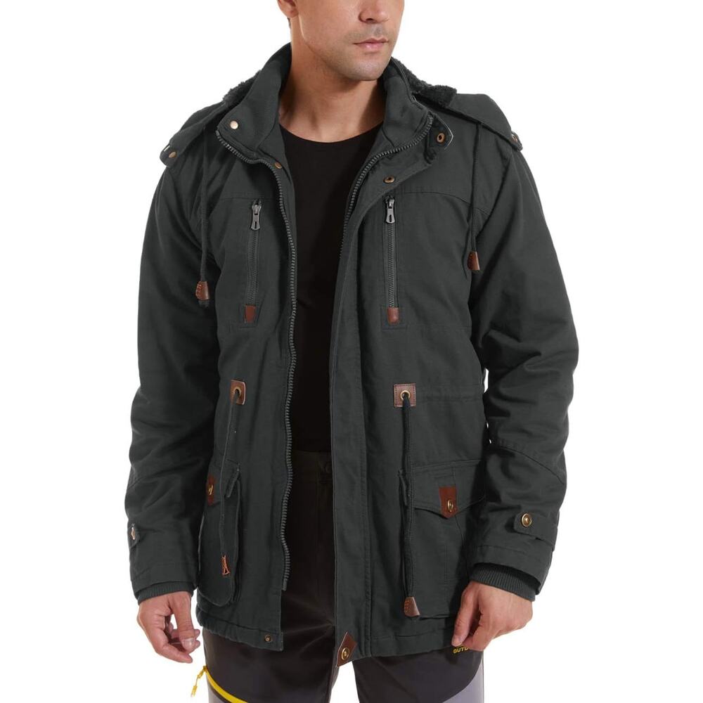 TacVasen Hooded Jacket Black Fleece Lined Military Zip Up Winter Coat Sz L Men's